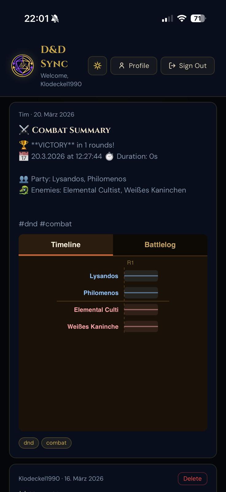 Combat summary with HP stats and timeline