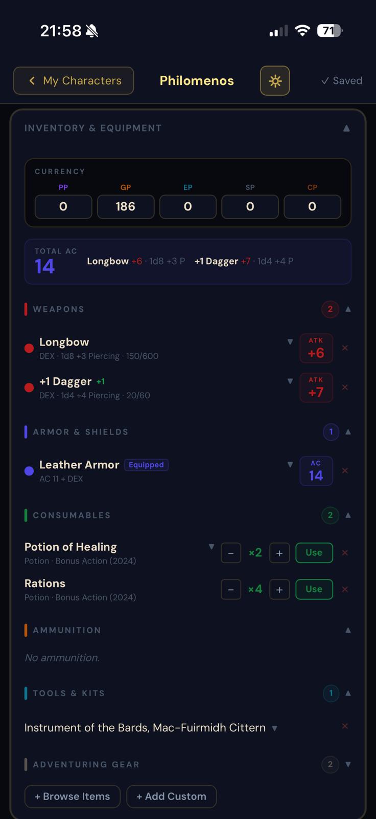 Inventory and equipment management panel